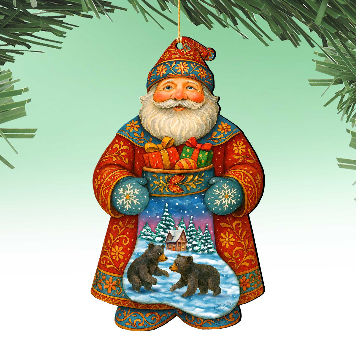 Santa Wooden Ornament with Winter Bears – Handcrafted Christmas Tree Decoration by G. DeBrekht - Christmas Santa Snowman Decor – 8652845