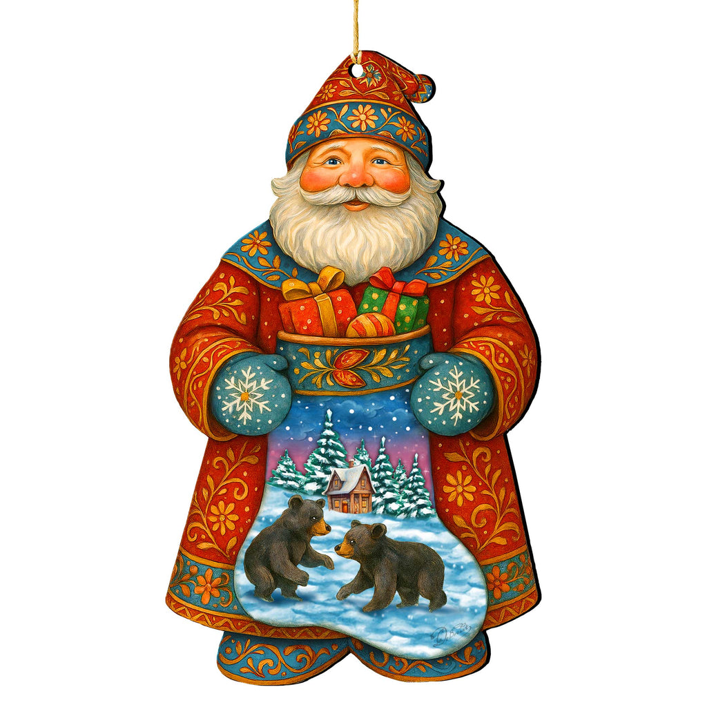 Santa Wooden Ornament with Winter Bears – Handcrafted Christmas Tree Decoration by G. DeBrekht - Christmas Santa Snowman Decor – 8652845