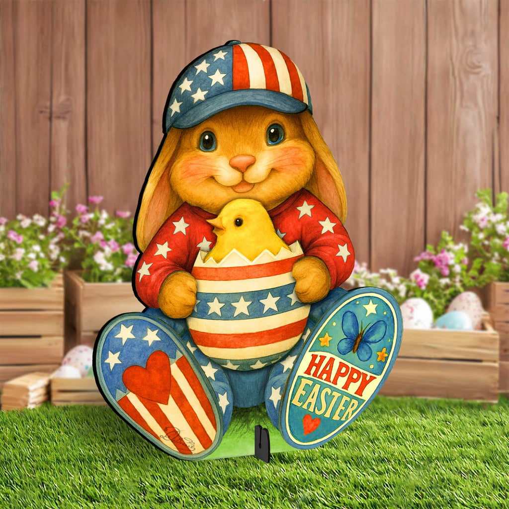 Patriotic Easter Bunny Garden Décor – Handcrafted Wooden Bunny with Chick - Easter Porch & Yard Decoration by G. Debrekht - 8652857F