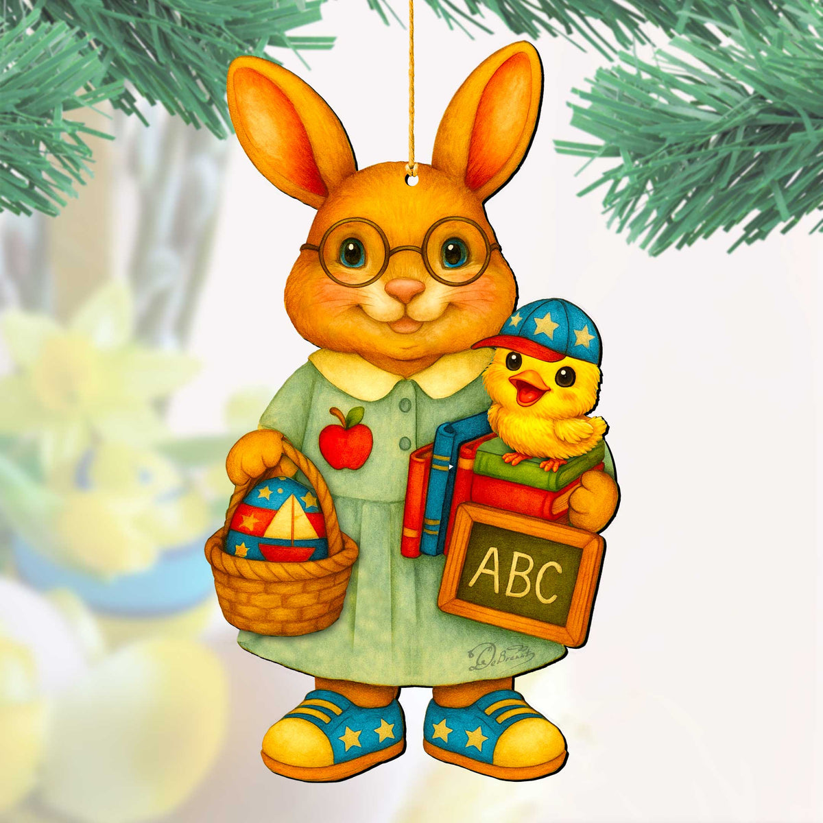 Patriotic Teacher Bunny Wooden Ornament – Handcrafted Wooden Americana Easter Décor by G. Debrekht - 8652858