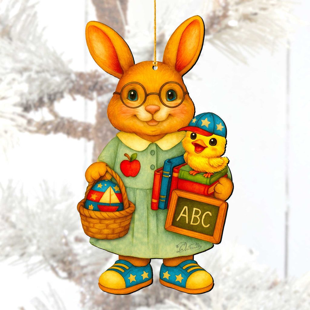 Patriotic Teacher Bunny Wooden Ornament – Handcrafted Wooden Americana Easter Décor by G. Debrekht - 8652858