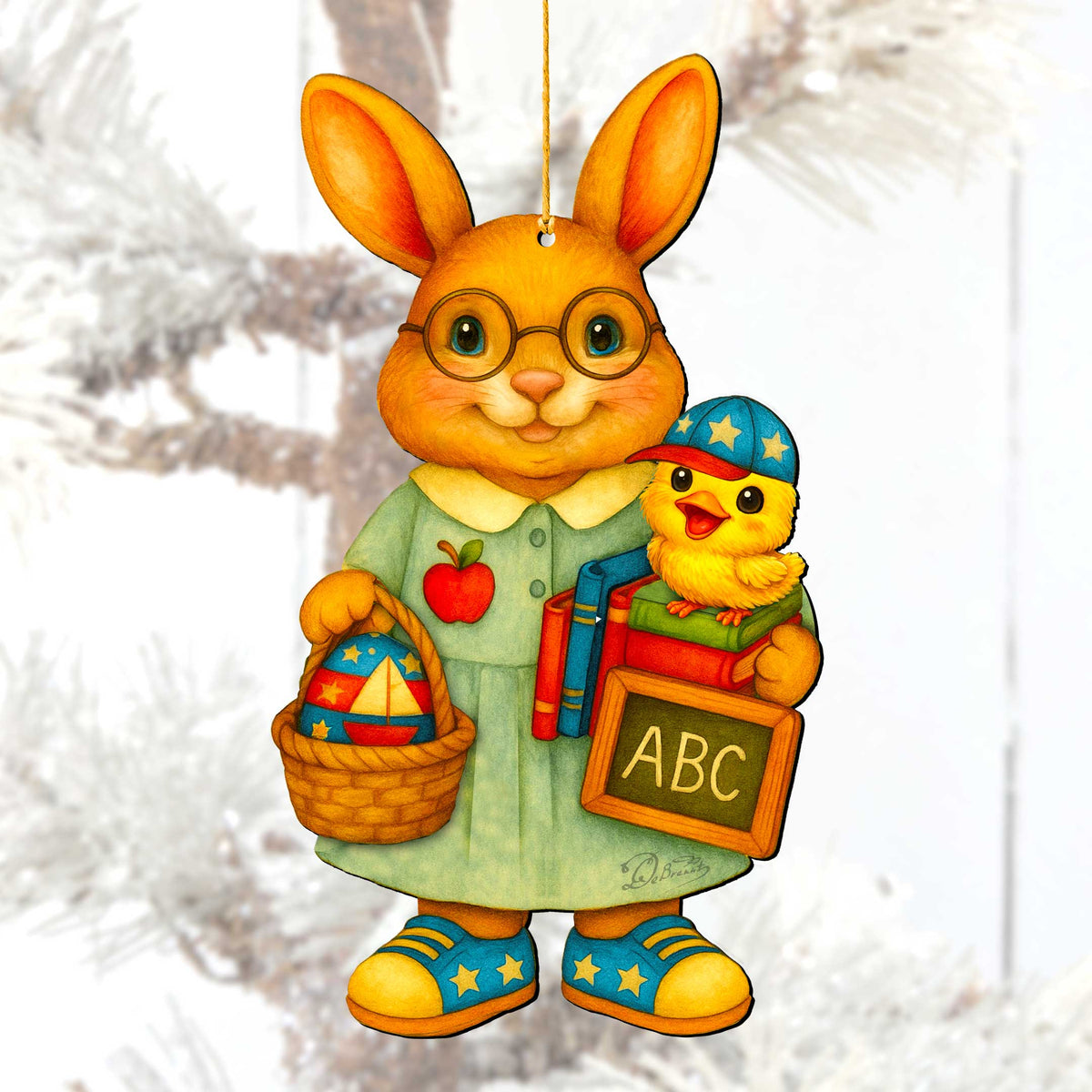 Patriotic Teacher Bunny Wooden Ornament – Handcrafted Wooden Americana Easter Décor by G. Debrekht - 8652858