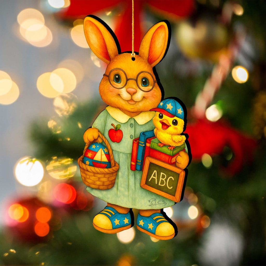 Patriotic Teacher Bunny Wooden Ornament – Handcrafted Wooden Americana Easter Décor by G. Debrekht - 8652858