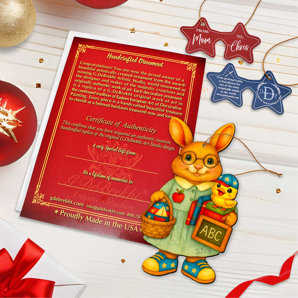 Patriotic Teacher Bunny Wooden Ornament – Handcrafted Wooden Americana Easter Décor by G. Debrekht - 8652858