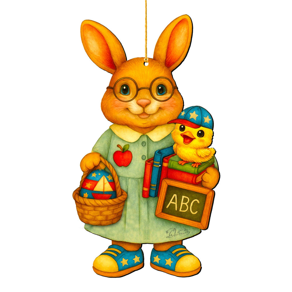 Patriotic Teacher Bunny Wooden Ornament – Handcrafted Wooden Americana Easter Décor by G. Debrekht - 8652858