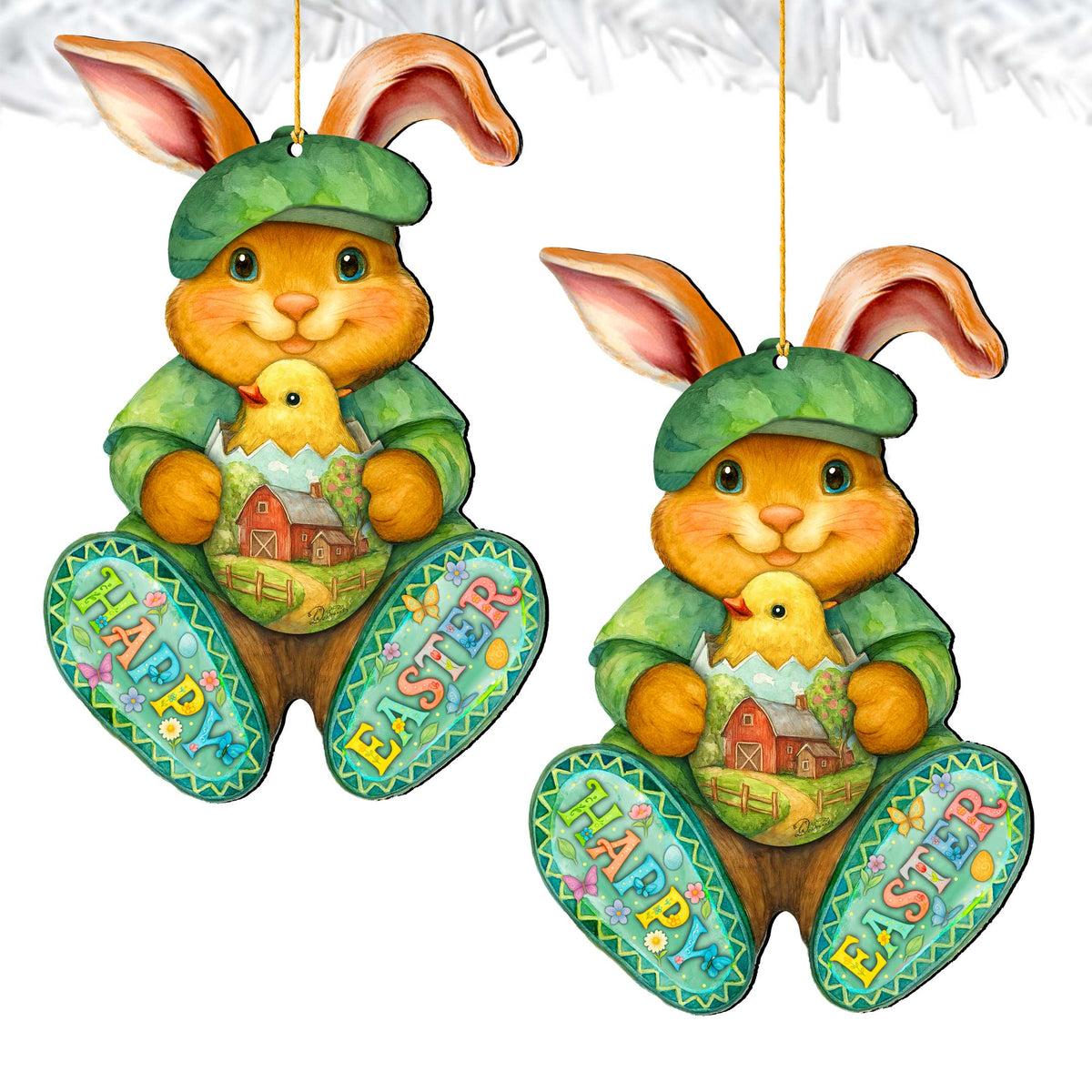 Happy Easter Bunny Ornament with Chick – Handcrafted Wooden Easter Décor by G. Debrekht - 8652864