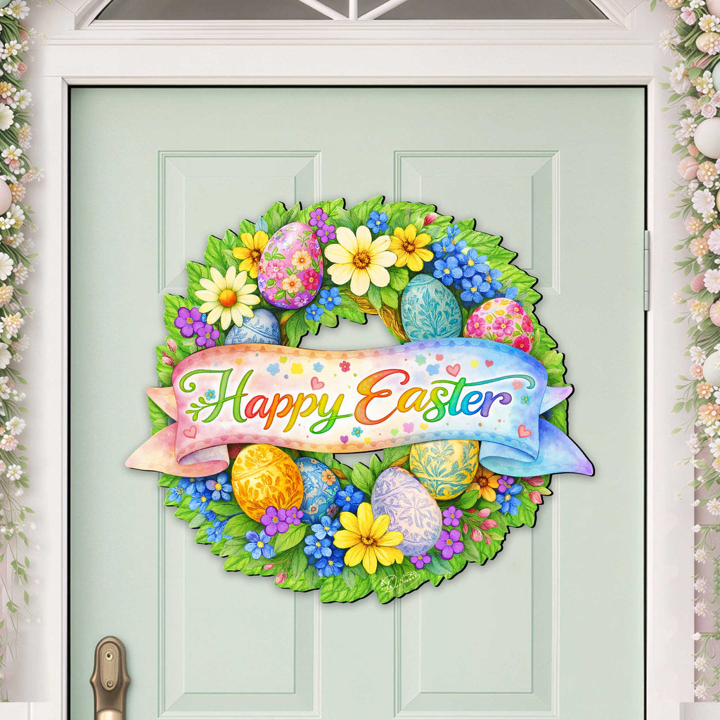 Happy Easter Floral Wreath Door Hanger – Handcrafted Wooden Spring Door Décor by G. Debrekht - 8652867H