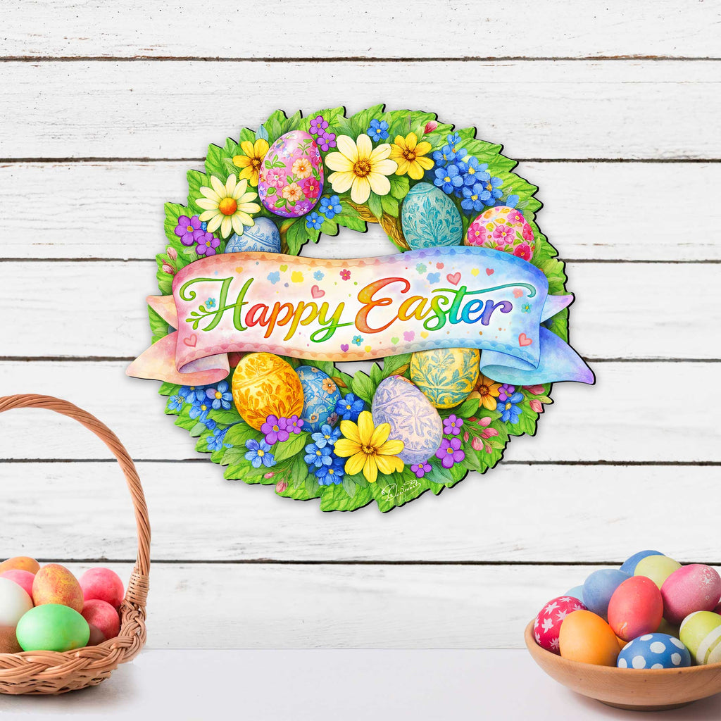 Happy Easter Floral Wreath Door Hanger – Handcrafted Wooden Spring Door Décor by G. Debrekht - 8652867H