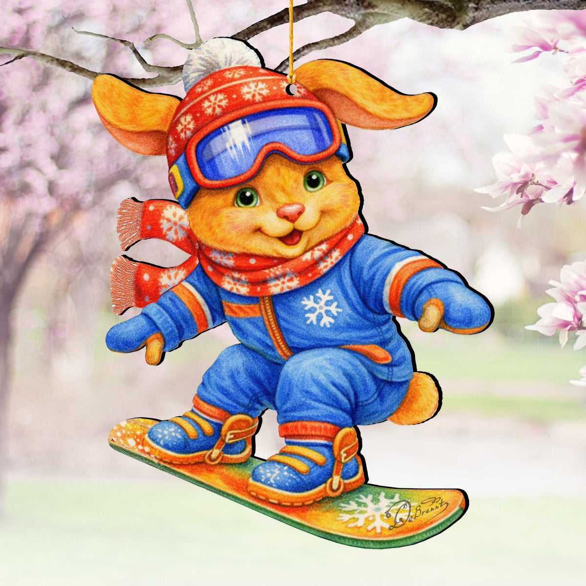 Snowboarding Bunny Wooden Ornament – Winter Sports Christmas Tree Decoration – Handcrafted Wooden Easter Décor by G. Debrekht - 8652868