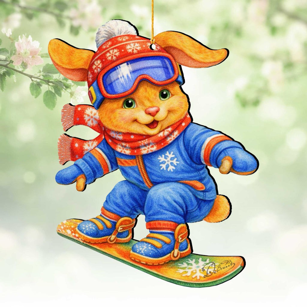 Snowboarding Bunny Wooden Ornament – Winter Sports Christmas Tree Decoration – Handcrafted Wooden Easter Décor by G. Debrekht - 8652868