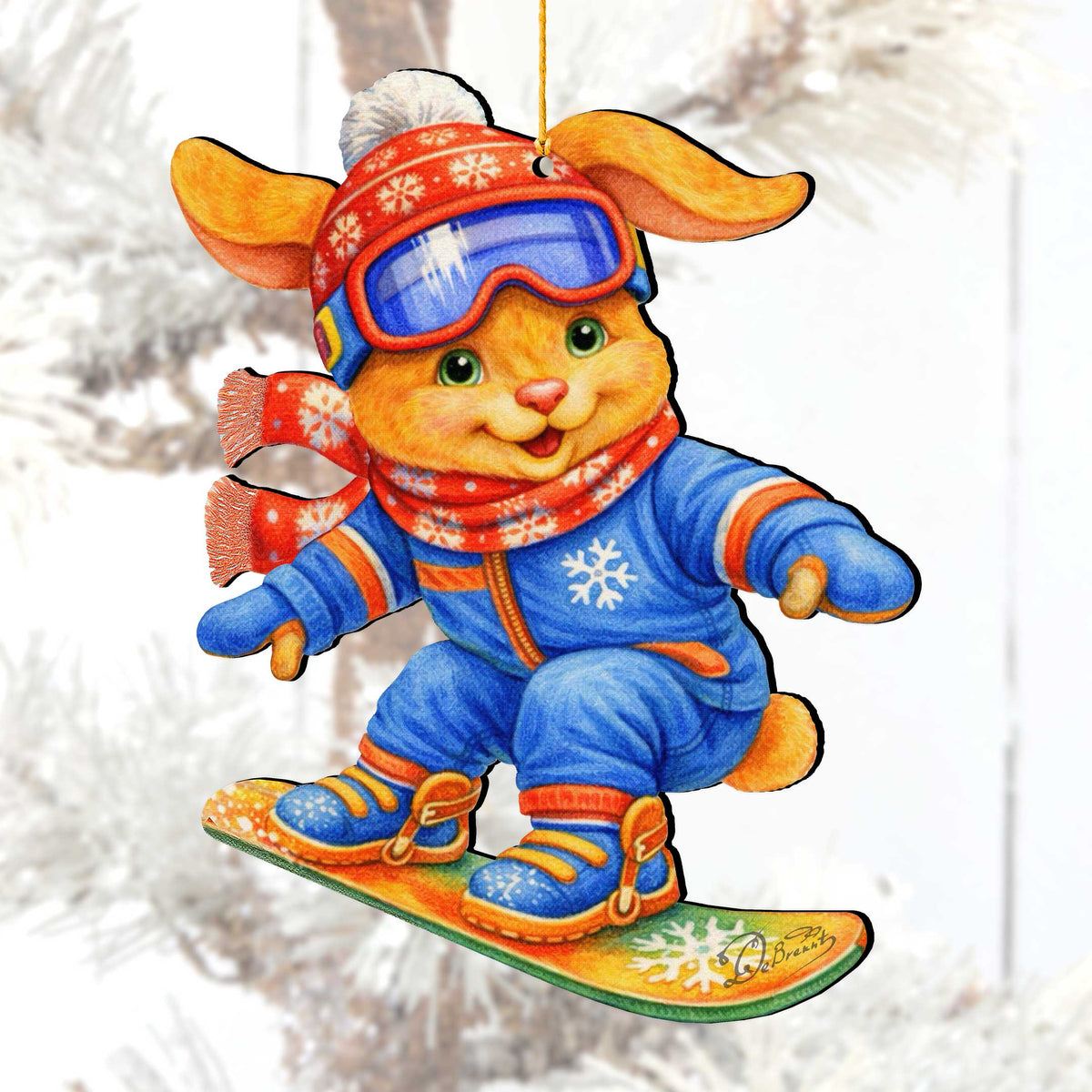 Snowboarding Bunny Wooden Ornament – Winter Sports Christmas Tree Decoration – Handcrafted Wooden Easter Décor by G. Debrekht - 8652868