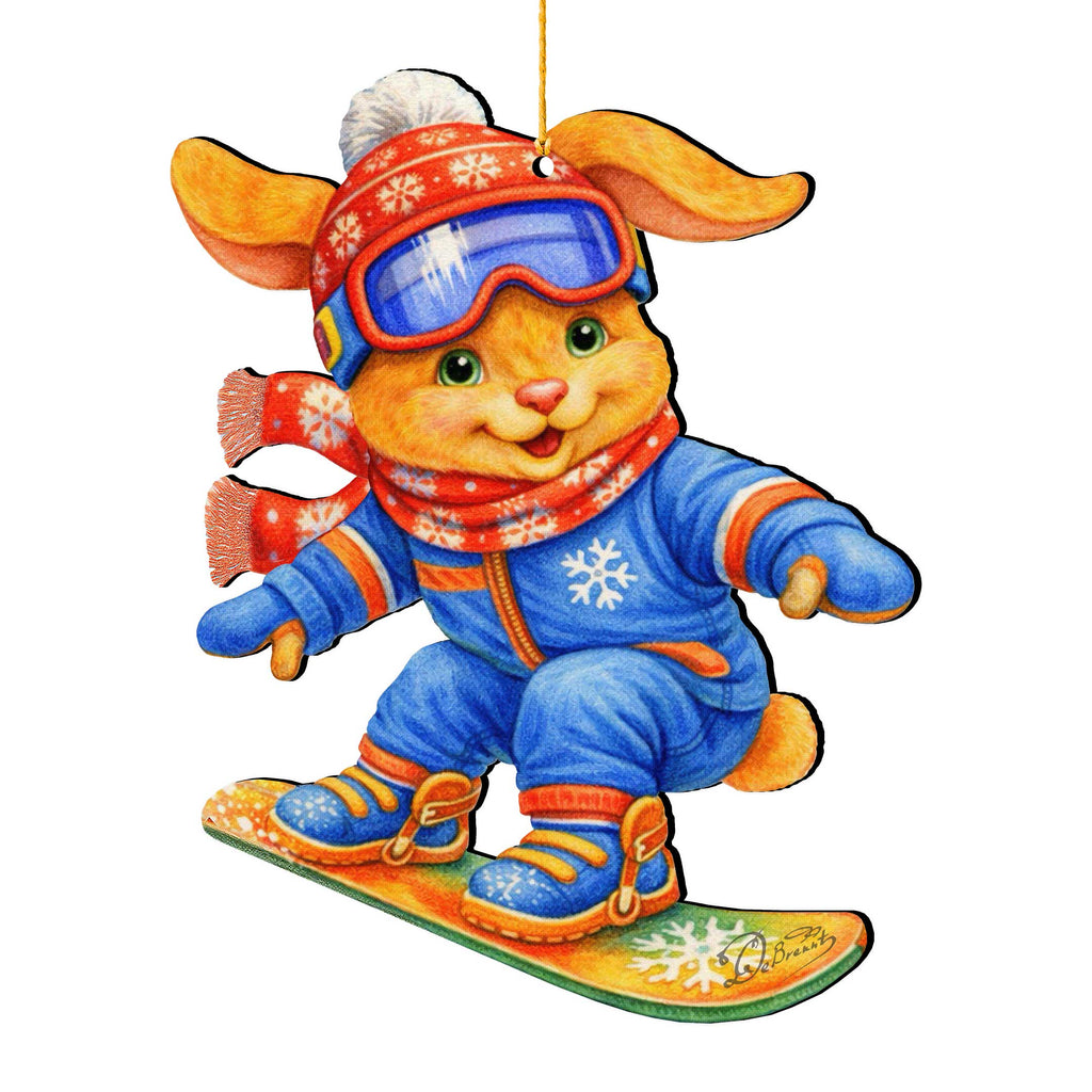 Snowboarding Bunny Wooden Ornament – Winter Sports Christmas Tree Decoration – Handcrafted Wooden Easter Décor by G. Debrekht - 8652868