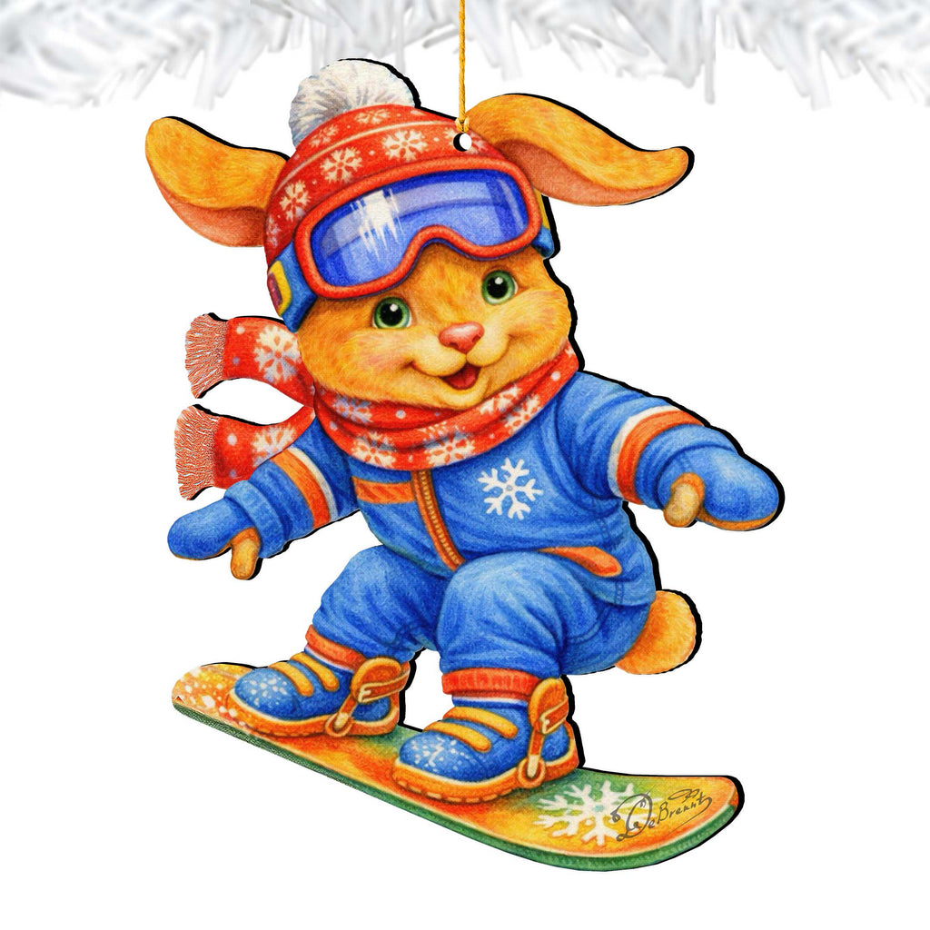 Snowboarding Bunny Wooden Ornament – Winter Sports Christmas Tree Decoration – Handcrafted Wooden Easter Décor by G. Debrekht - 8652868