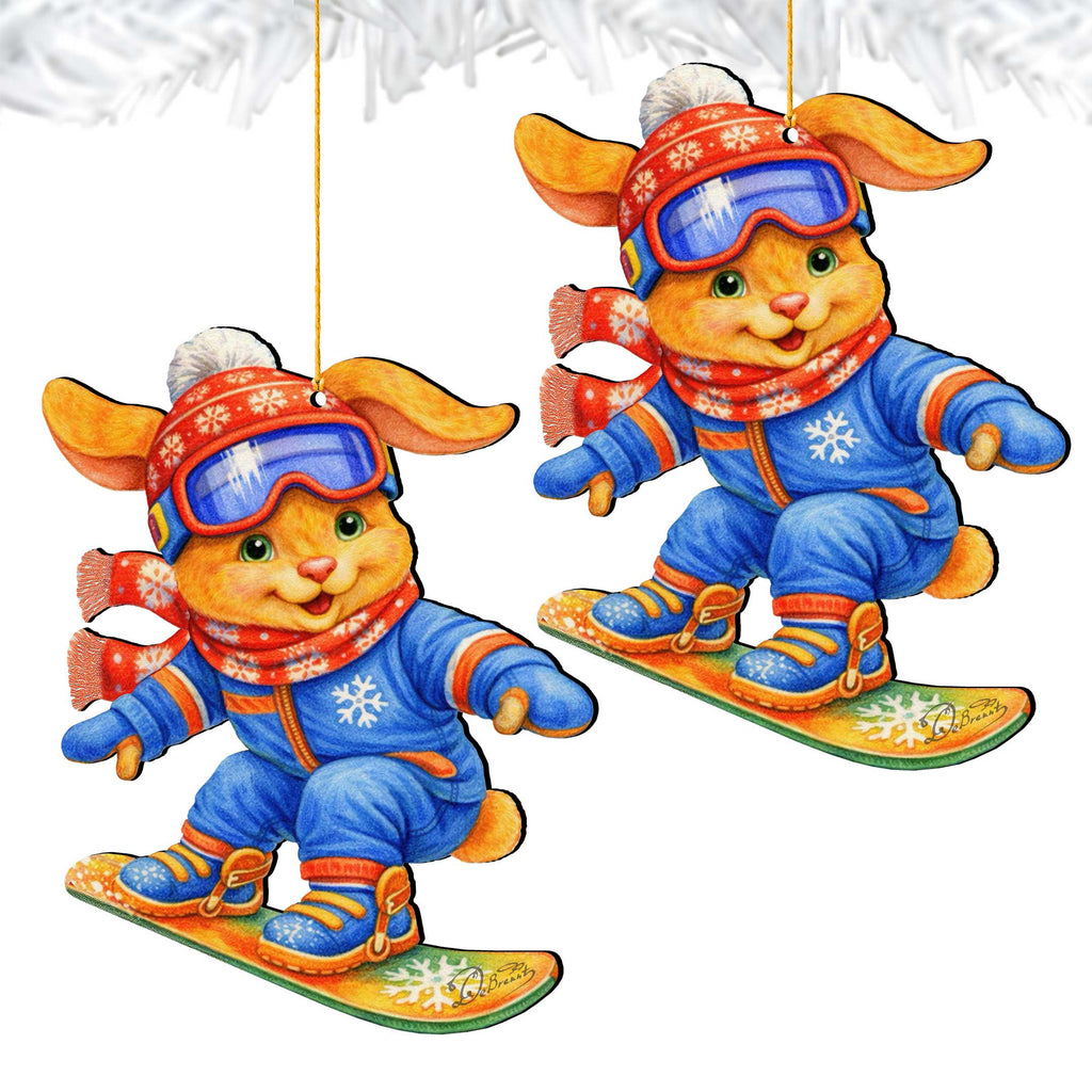 Snowboarding Bunny Wooden Ornament – Winter Sports Christmas Tree Decoration – Handcrafted Wooden Easter Décor by G. Debrekht - 8652868