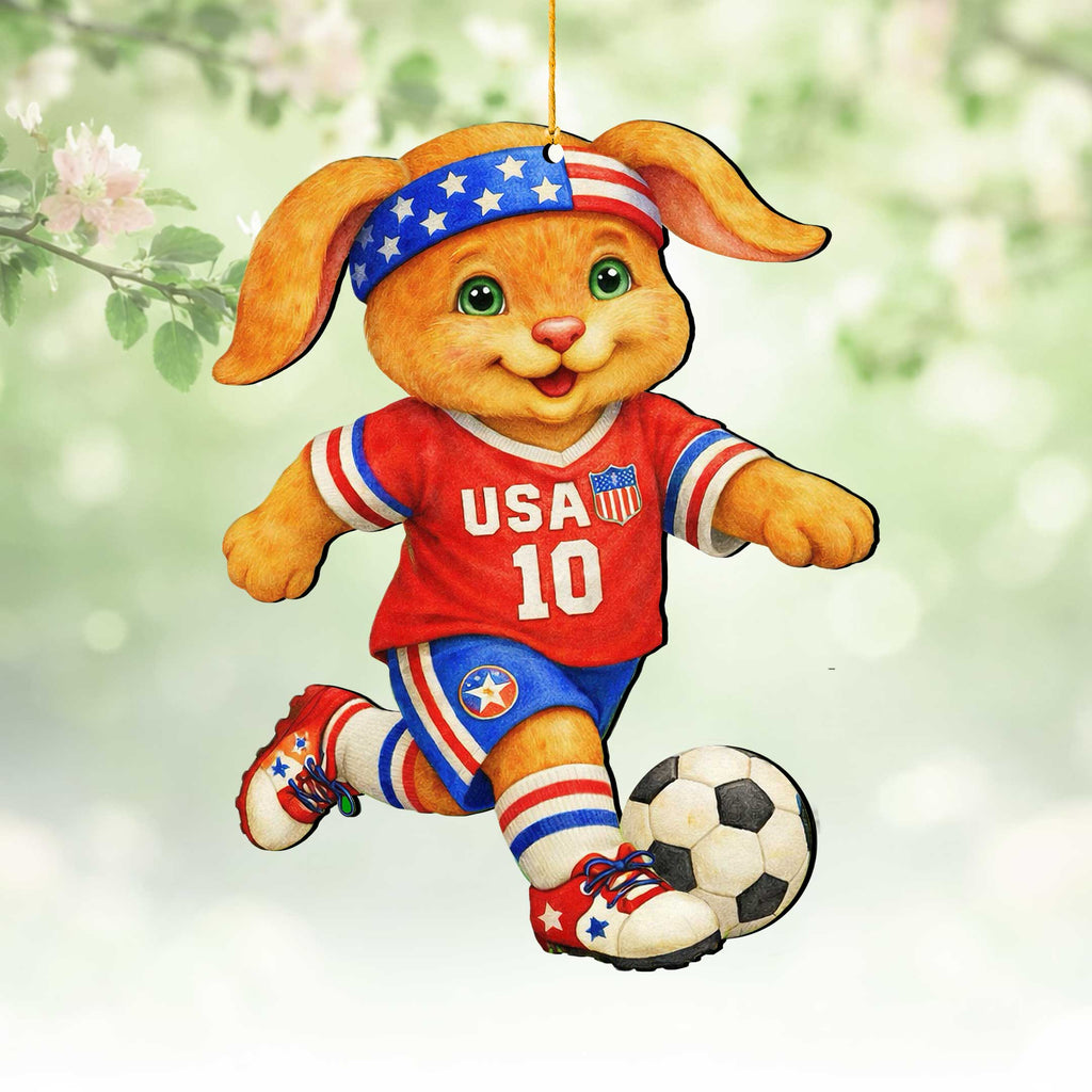 Patriotic Soccer Bunny Wooden Ornament – USA Sports Easter Bunny Decoration – Handcrafted Wooden Easter Décor by G. Debrekht - 8652870