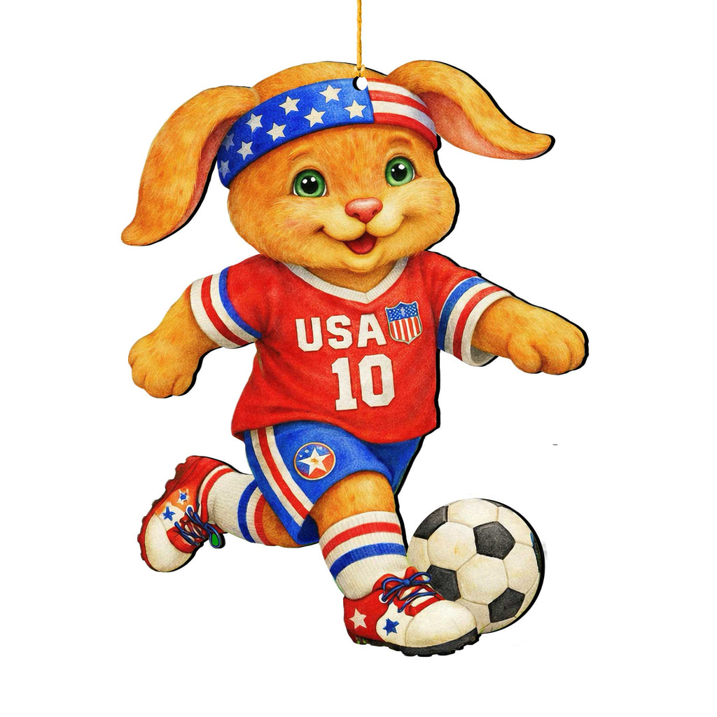 Patriotic Soccer Bunny Wooden Ornament – USA Sports Easter Bunny Decoration – Handcrafted Wooden Easter Décor by G. Debrekht - 8652870