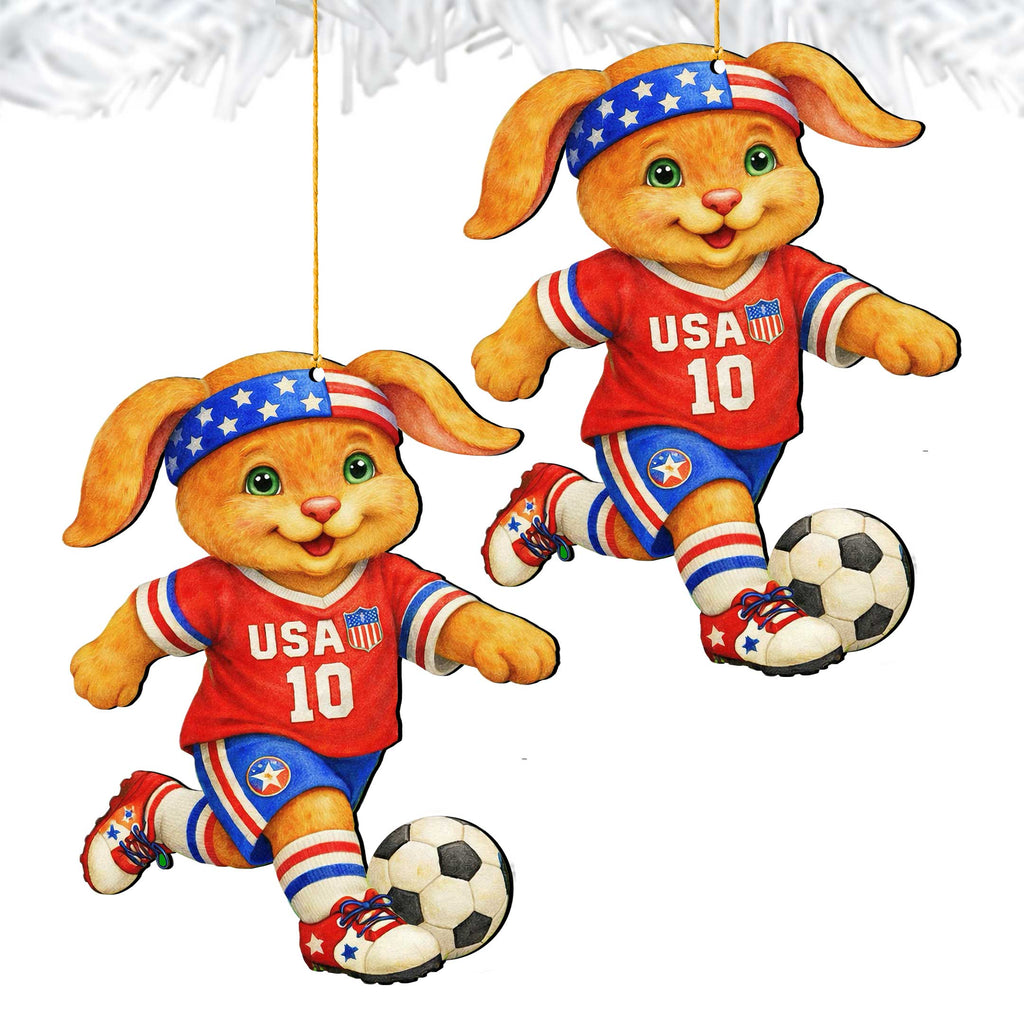 Patriotic Soccer Bunny Wooden Ornament – USA Sports Easter Bunny Decoration – Handcrafted Wooden Easter Décor by G. Debrekht - 8652870