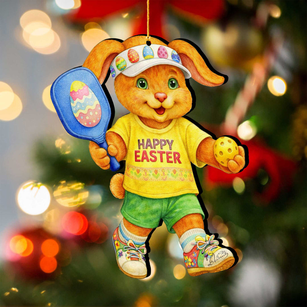 Pickleball Bunny Boy Wooden Ornament – Spring Bunny Decoration – Handcrafted Wooden Easter Décor by G. Debrekht - 8652871