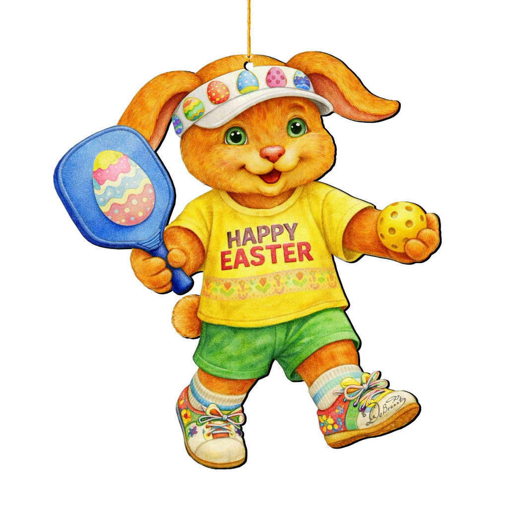 Pickleball Bunny Boy Wooden Ornament – Spring Bunny Decoration – Handcrafted Wooden Easter Décor by G. Debrekht - 8652871