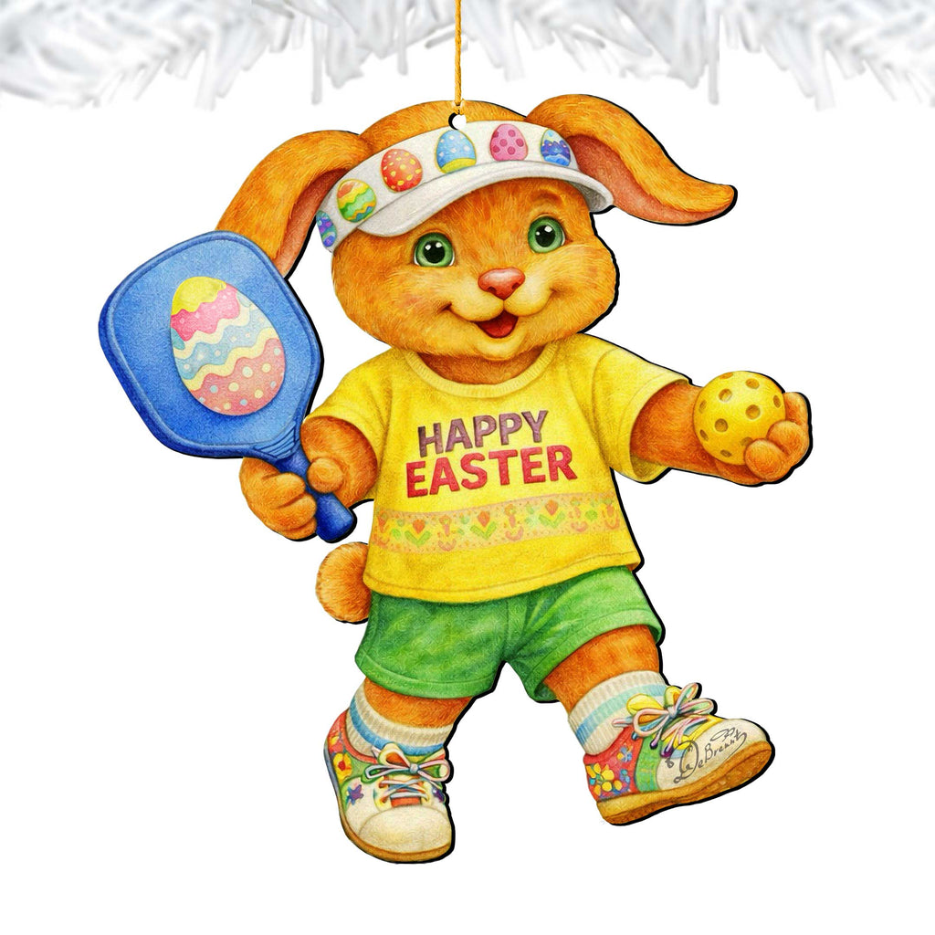 Pickleball Bunny Boy Wooden Ornament – Spring Bunny Decoration – Handcrafted Wooden Easter Décor by G. Debrekht - 8652871