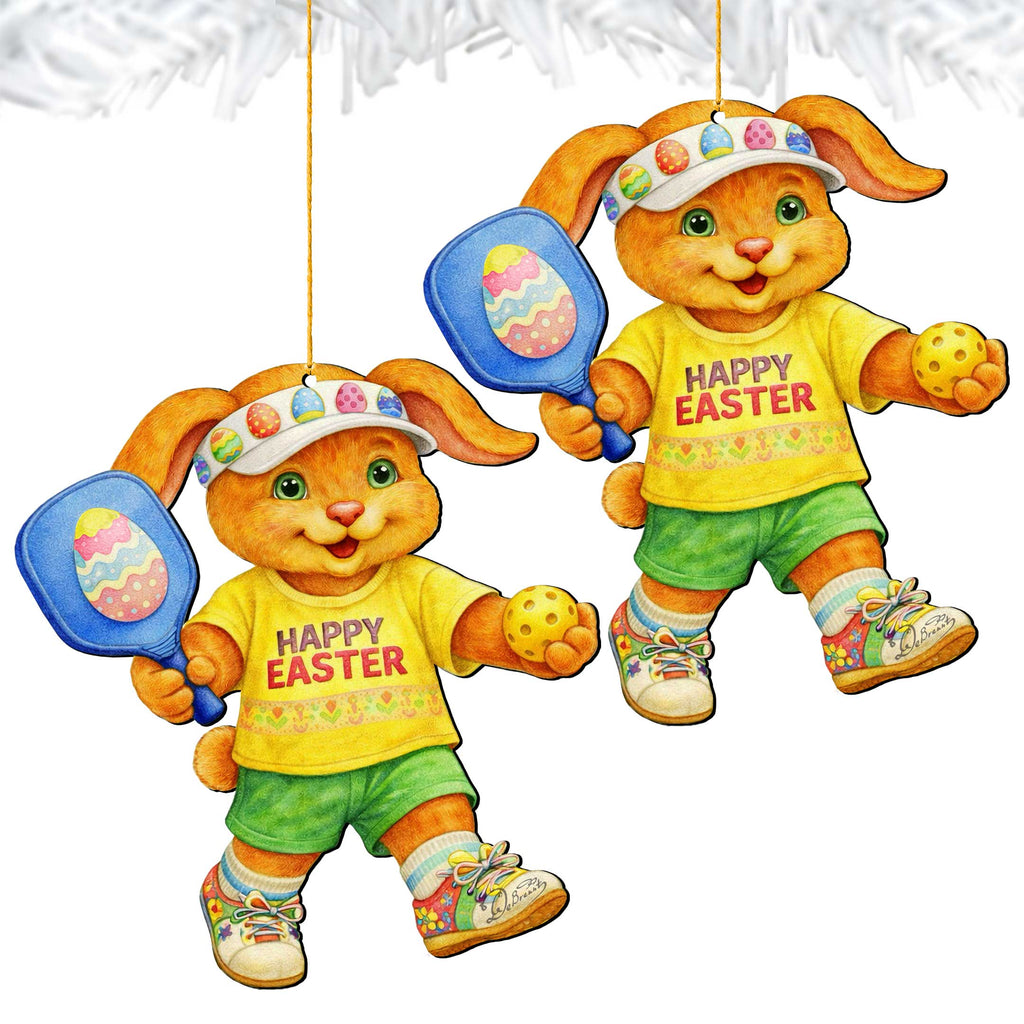 Pickleball Bunny Boy Wooden Ornament – Spring Bunny Decoration – Handcrafted Wooden Easter Décor by G. Debrekht - 8652871