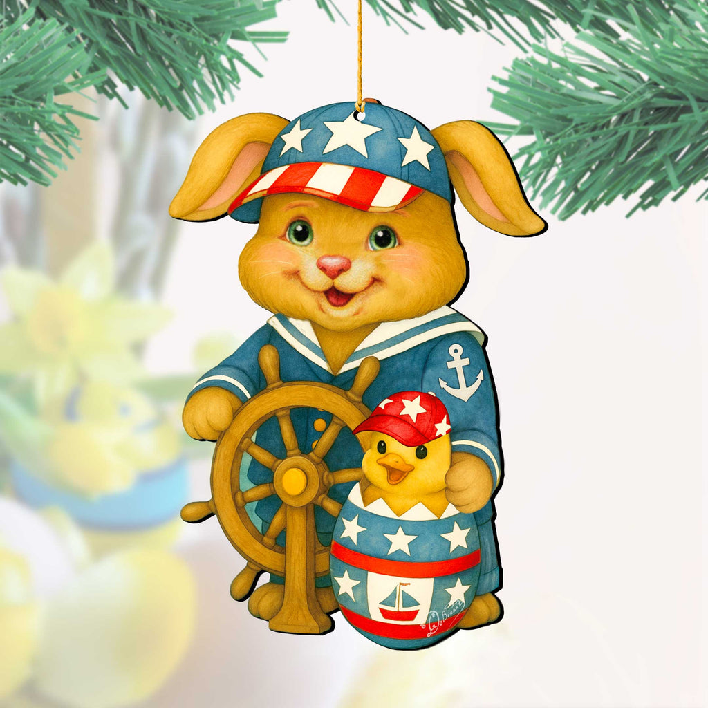 Patriotic Sailor Bunny Wooden Ornament – Easter Bunny Decoration – Handcrafted Wooden Easter Décor by G. Debrekht - 8652872