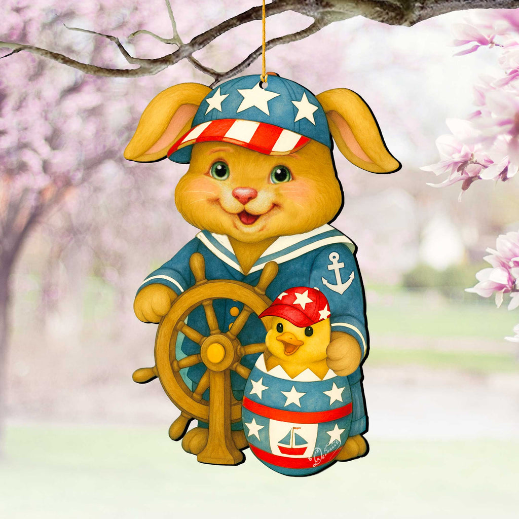 Patriotic Sailor Bunny Wooden Ornament – Easter Bunny Decoration – Handcrafted Wooden Easter Décor by G. Debrekht - 8652872
