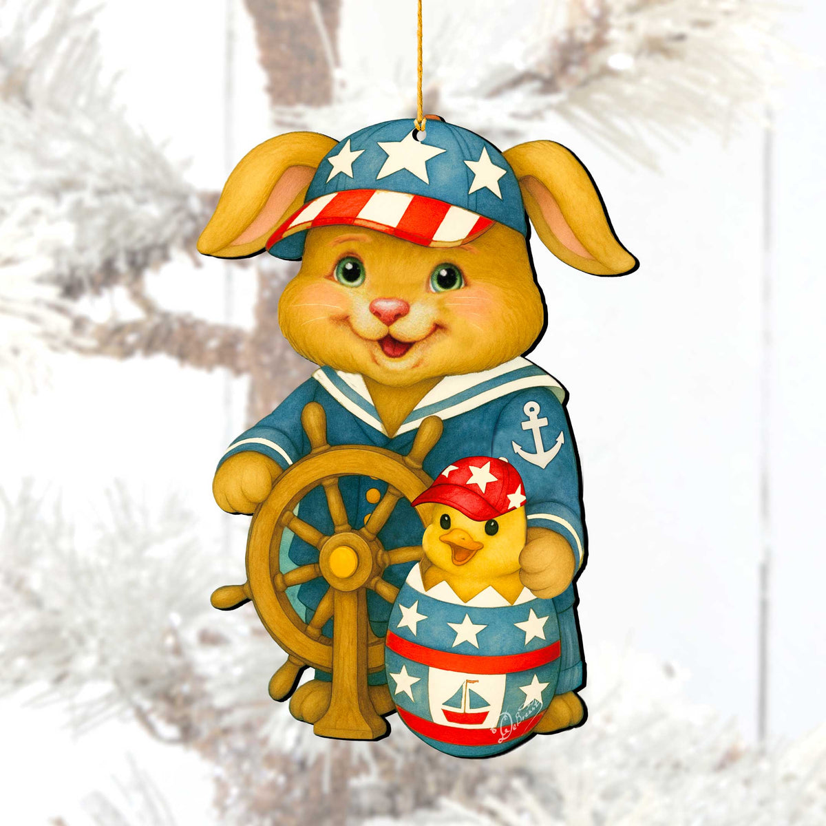 Patriotic Sailor Bunny Wooden Ornament – Easter Bunny Decoration – Handcrafted Wooden Easter Décor by G. Debrekht - 8652872