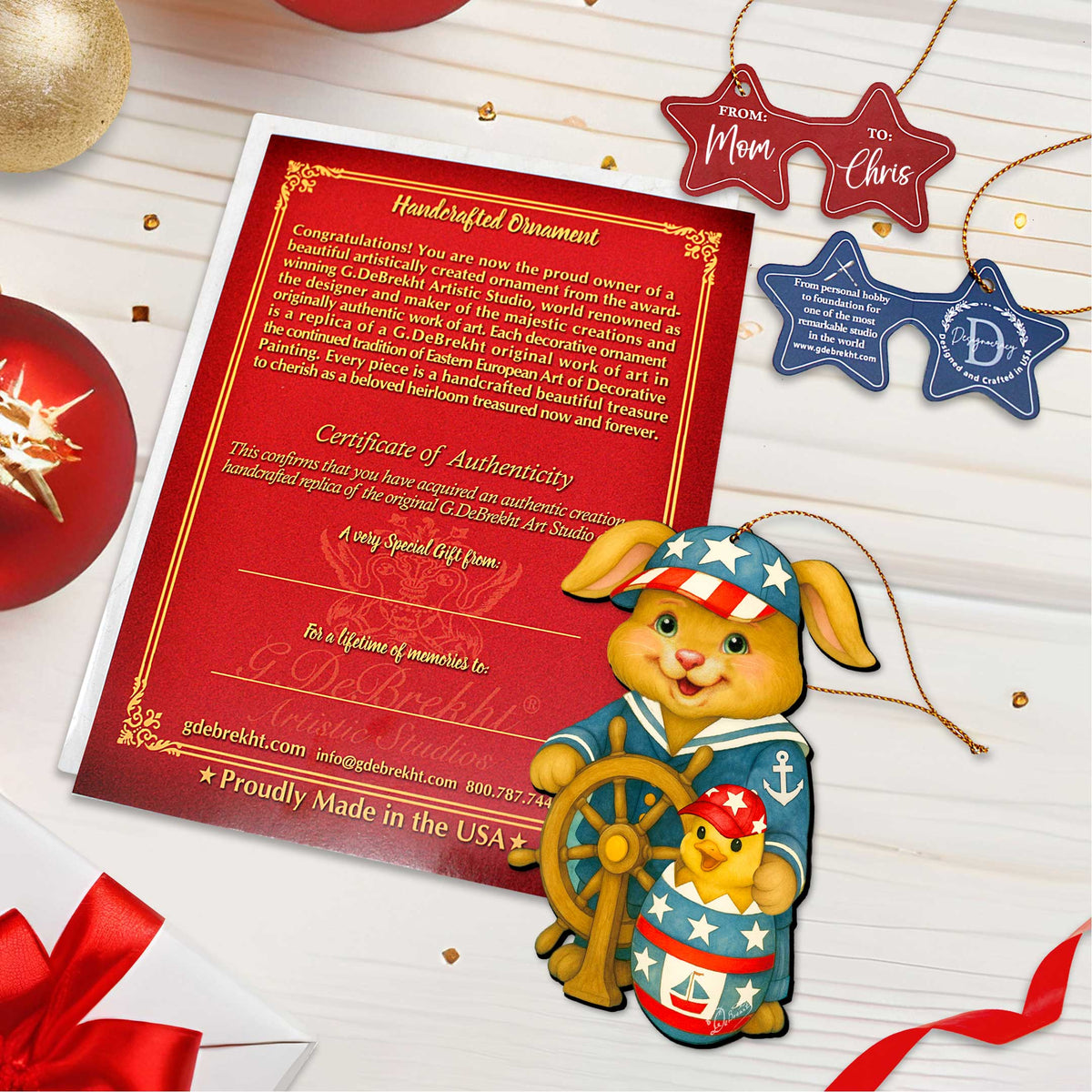 Patriotic Sailor Bunny Wooden Ornament – Easter Bunny Decoration – Handcrafted Wooden Easter Décor by G. Debrekht - 8652872