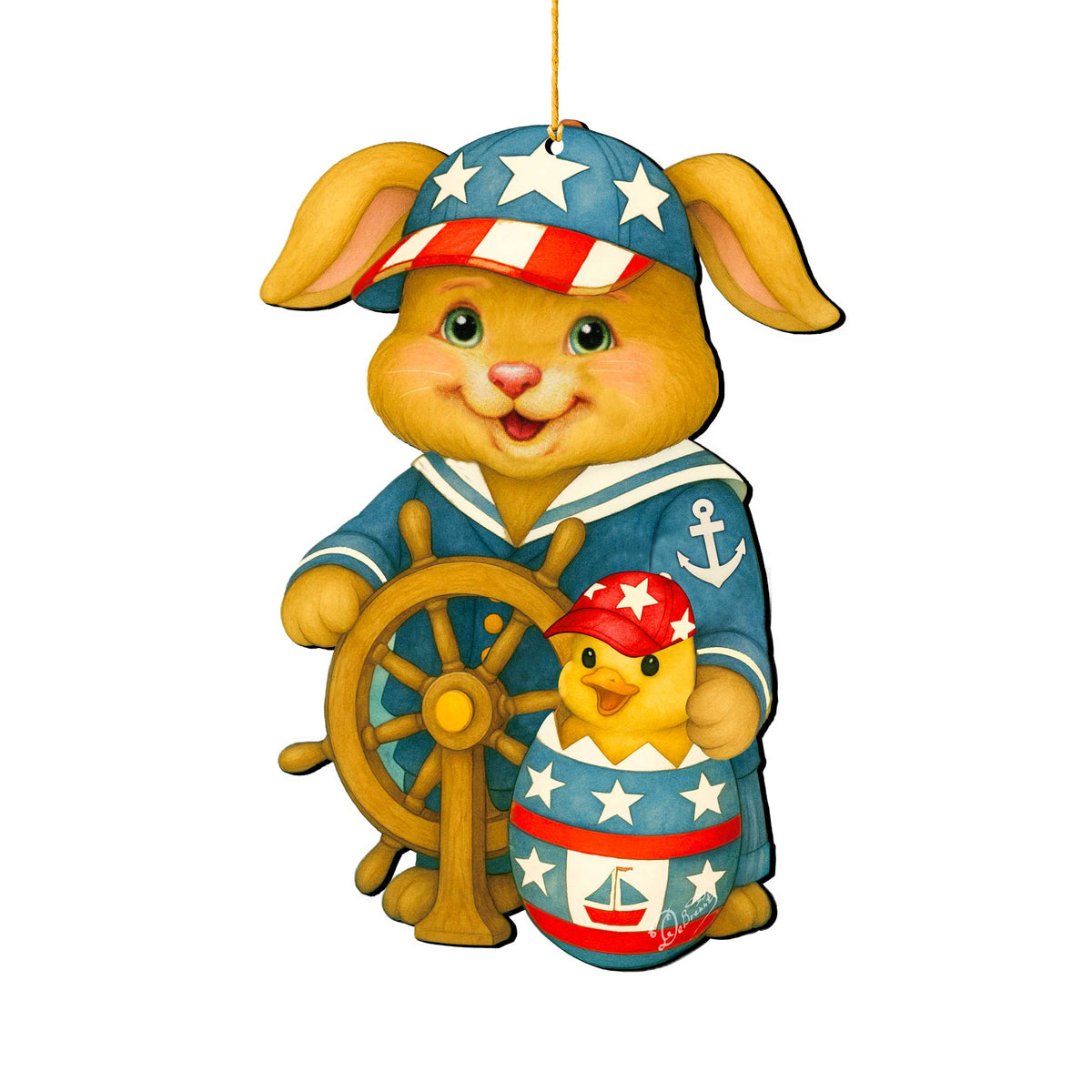 Patriotic Sailor Bunny Wooden Ornament – Easter Bunny Decoration – Handcrafted Wooden Easter Décor by G. Debrekht - 8652872