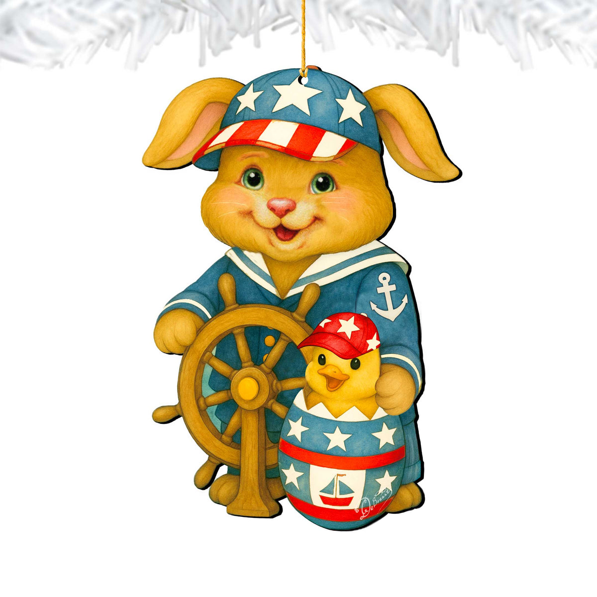 Patriotic Sailor Bunny Wooden Ornament – Easter Bunny Decoration – Handcrafted Wooden Easter Décor by G. Debrekht - 8652872
