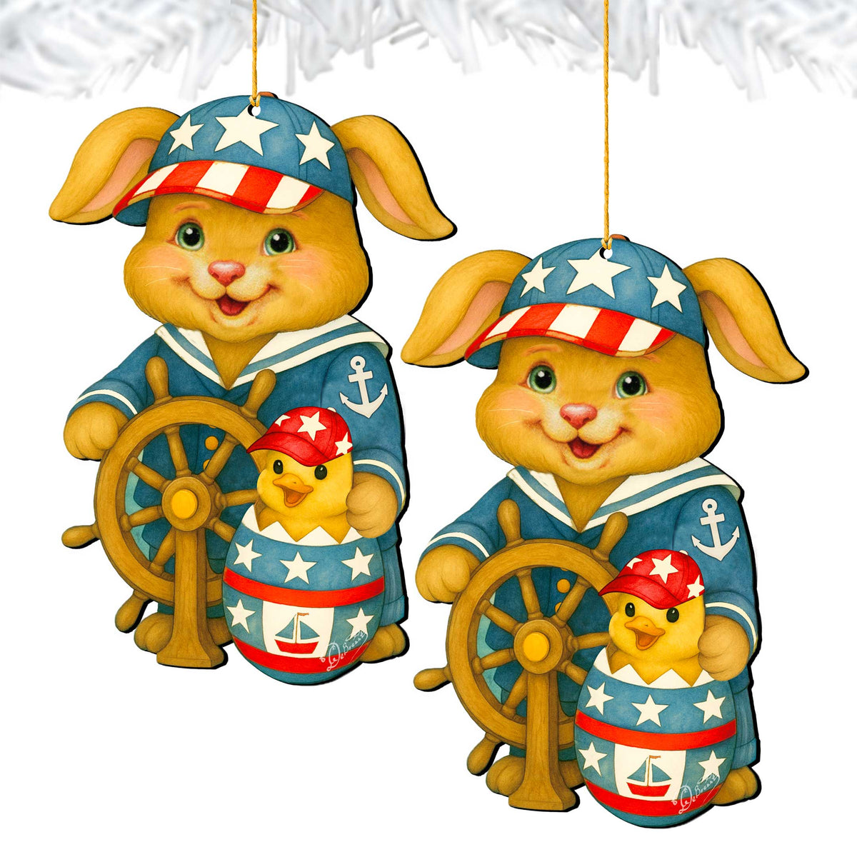 Patriotic Sailor Bunny Wooden Ornament – Easter Bunny Decoration – Handcrafted Wooden Easter Décor by G. Debrekht - 8652872