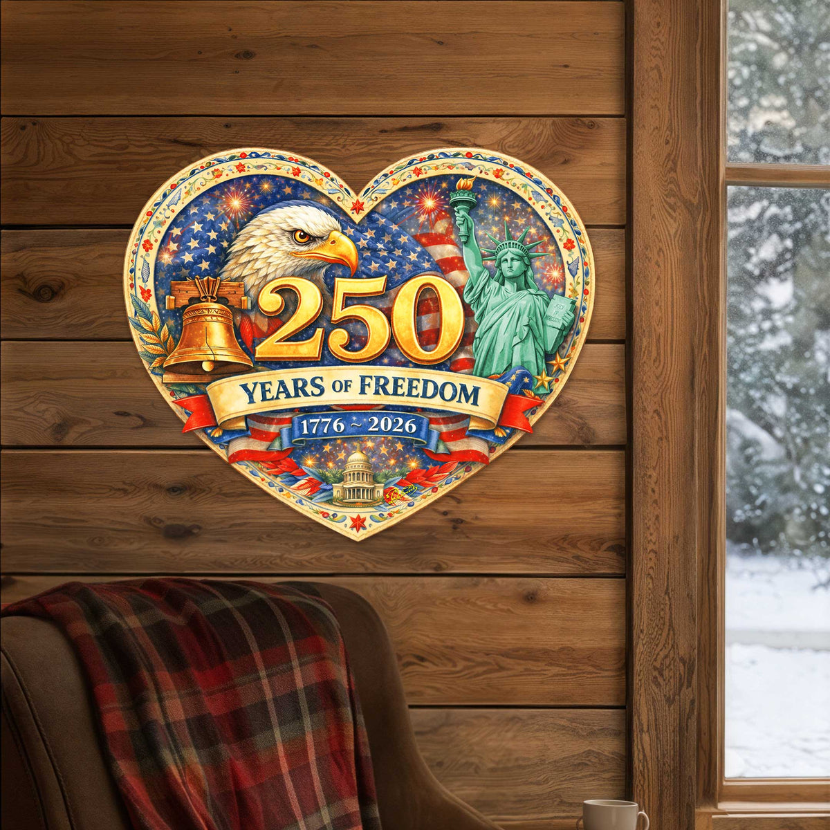 250 Years of Freedom Patriotic Door Hanger – American Eagle Wall Decor 1776–2026 – Handcrafted Wooden Holiday Wall Art by G. DeBrekht – 8652773H