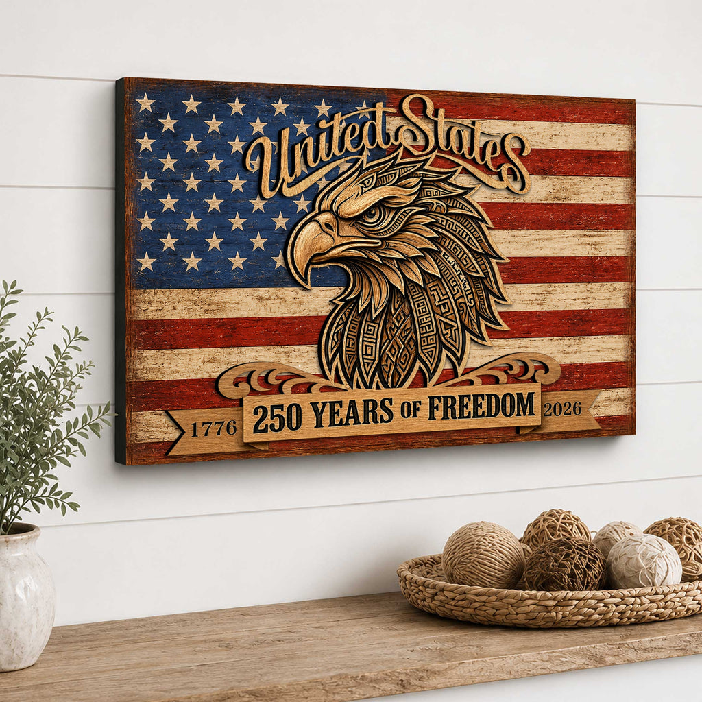 United States 250 Years of Freedom Wall Art – Patriotic Eagle American Flag Decor – Rustic USA Wall Sign - 8652876B