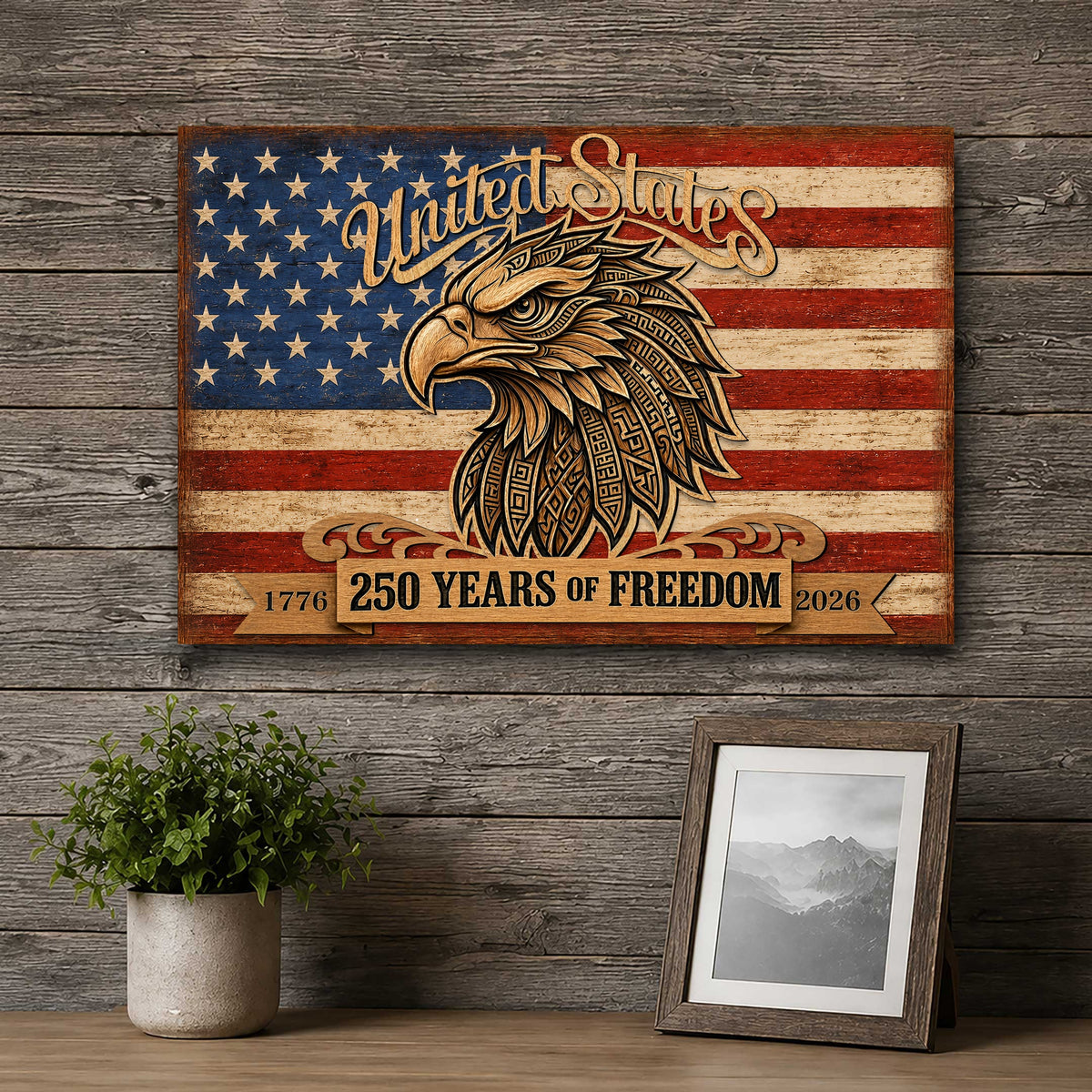United States 250 Years of Freedom Wall Art – Patriotic Eagle American Flag Decor – Rustic USA Wall Sign - 8652876B