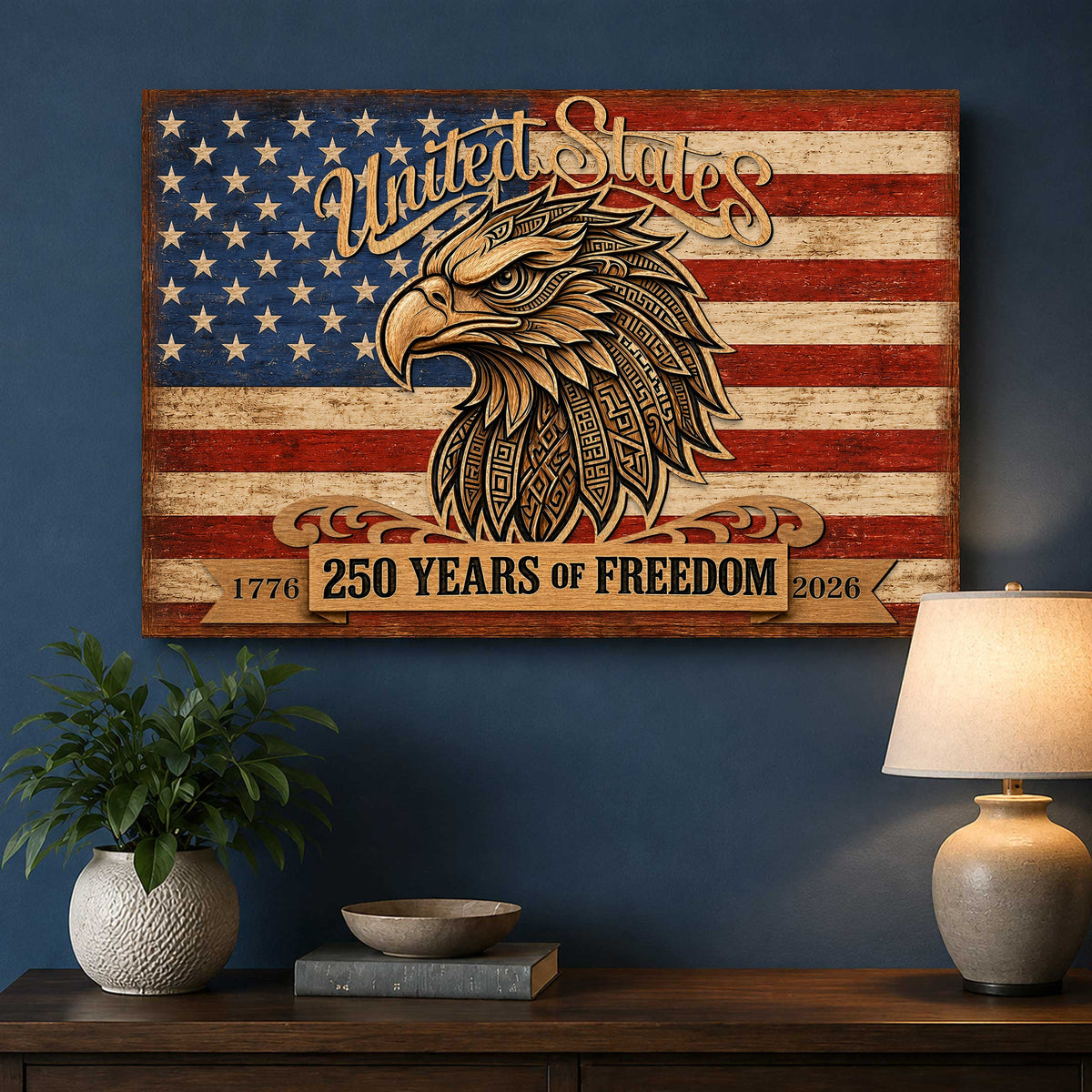 United States 250 Years of Freedom Wall Art – Patriotic Eagle American Flag Decor – Rustic USA Wall Sign - 8652876B