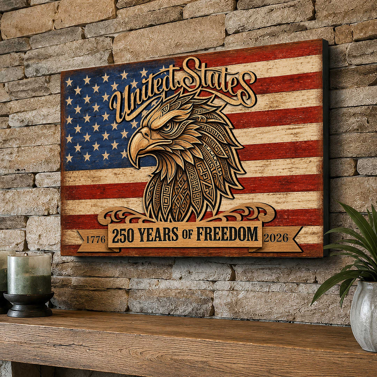 United States 250 Years of Freedom Wall Art – Patriotic Eagle American Flag Decor – Rustic USA Wall Sign - 8652876B