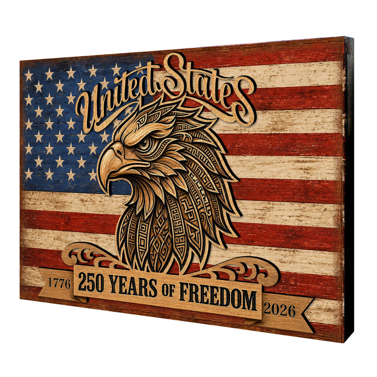 United States 250 Years of Freedom Wall Art – Patriotic Eagle American Flag Decor – Rustic USA Wall Sign - 8652876B