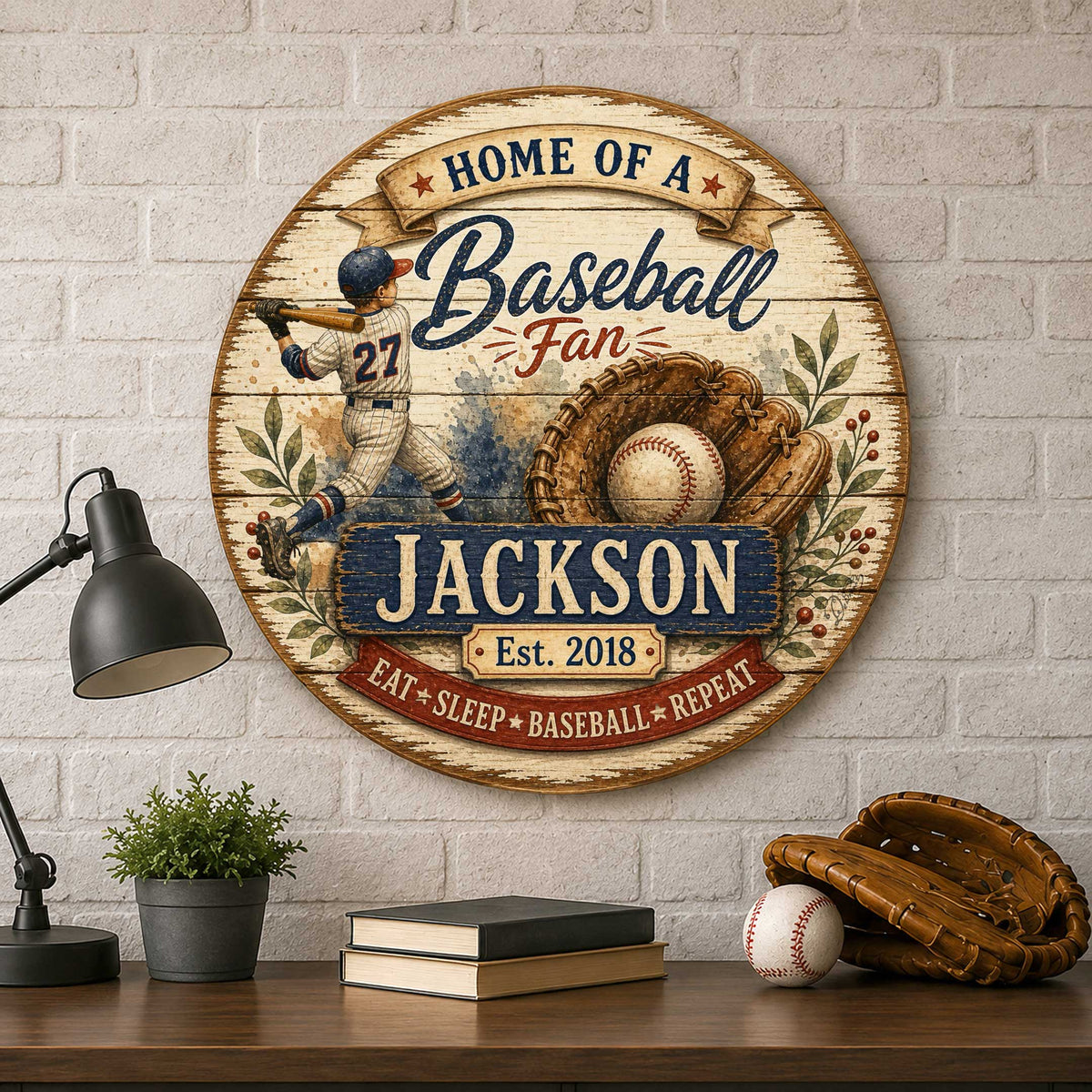 Personalized Baseball Fan Wall Decor – Custom Baseball Name Sign – 19x19 Rustic Sports Wall Art by G.Debrekht  - 8652877H