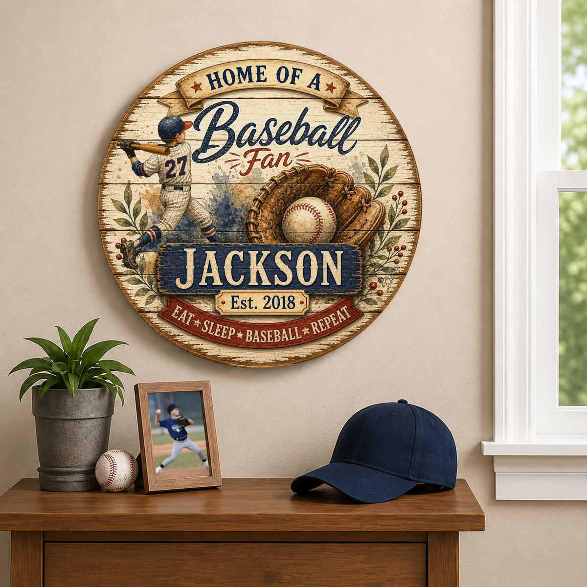 Personalized Baseball Fan Wall Decor – Custom Baseball Name Sign – 19x19 Rustic Sports Wall Art by G.Debrekht  - 8652877H