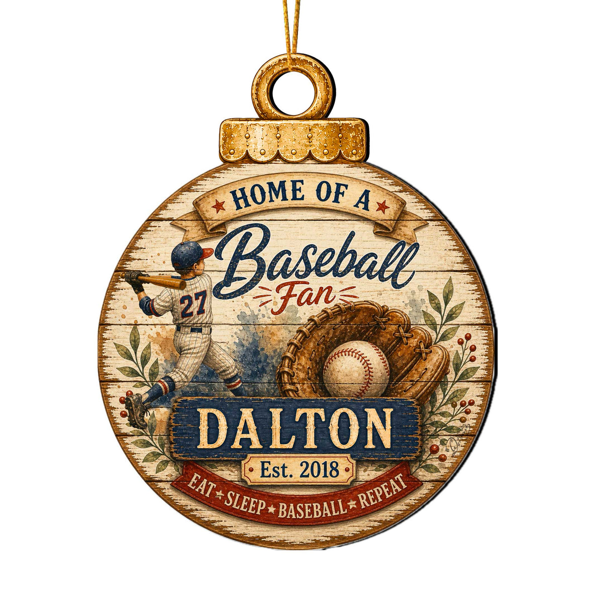 Personalized Baseball Ornament – Custom Baseball Fan Christmas Ornament – Rustic Sports Tree Decor by G. Debrekht - 8652877