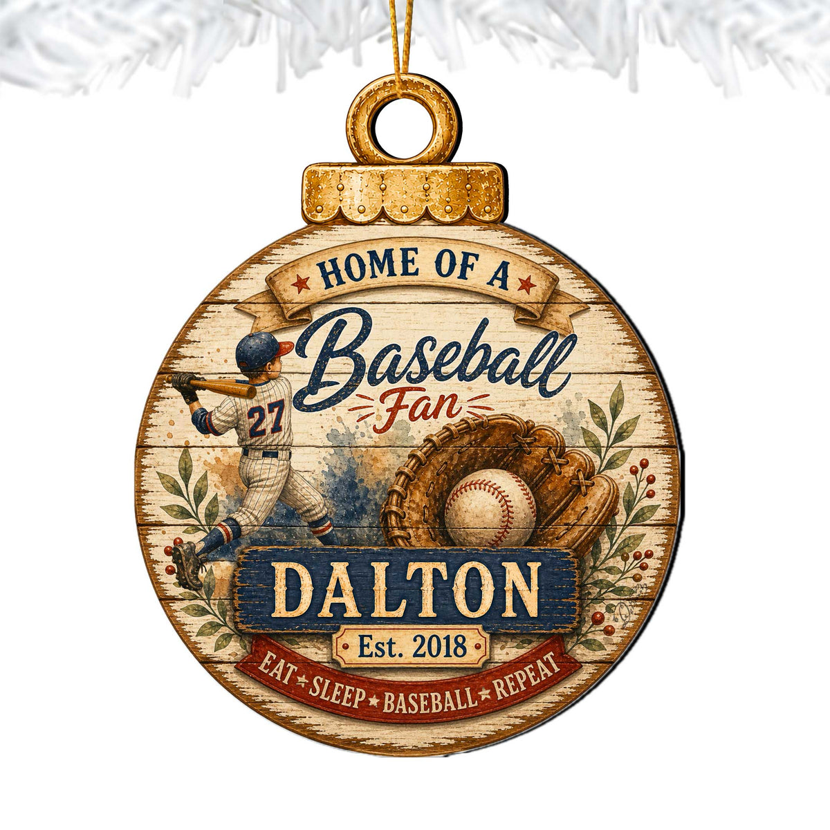 Personalized Baseball Ornament – Custom Baseball Fan Christmas Ornament – Rustic Sports Tree Decor by G. Debrekht - 8652877