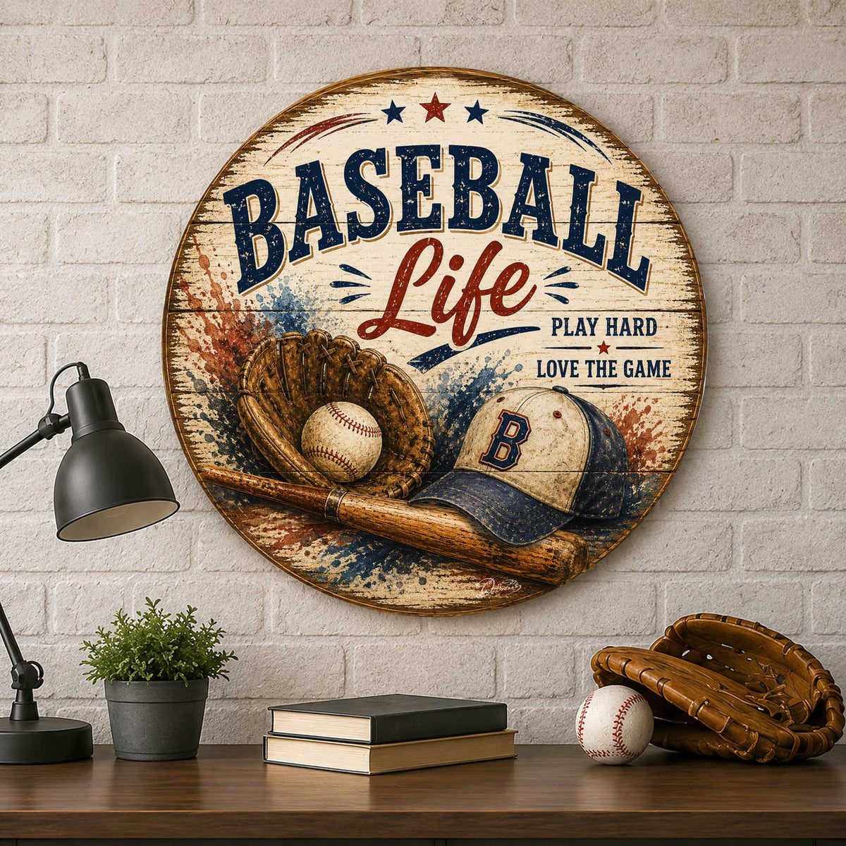 Baseball Life Wall Decor – Rustic Baseball Sports Sign – 19x19 Round Wall Art by G.Debrekht - 8652878H