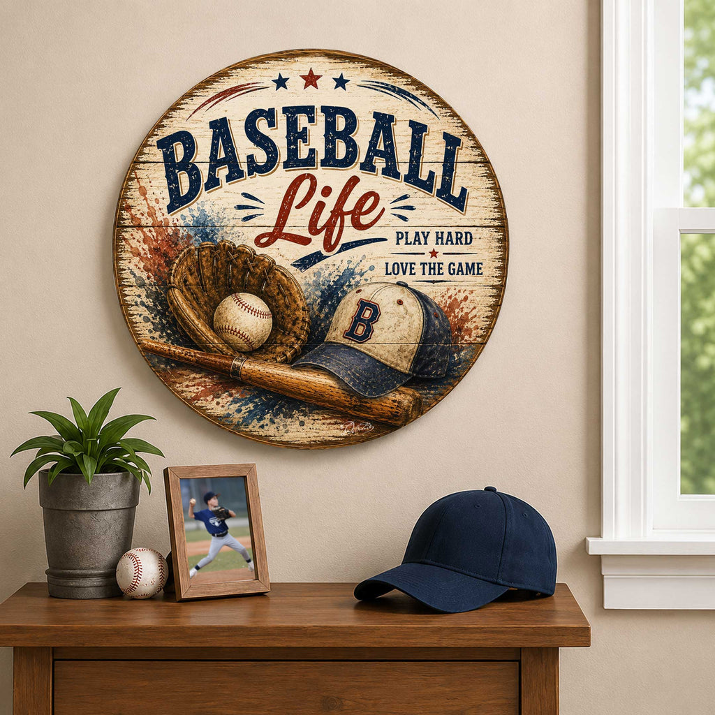 Baseball Life Wall Decor – Rustic Baseball Sports Sign – 19x19 Round Wall Art by G.Debrekht - 8652878H