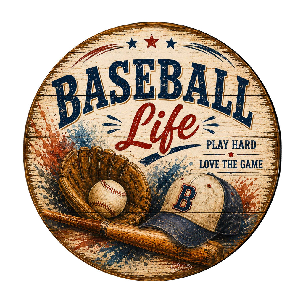Baseball Life Wall Decor – Rustic Baseball Sports Sign – 19x19 Round Wall Art by G.Debrekht - 8652878H