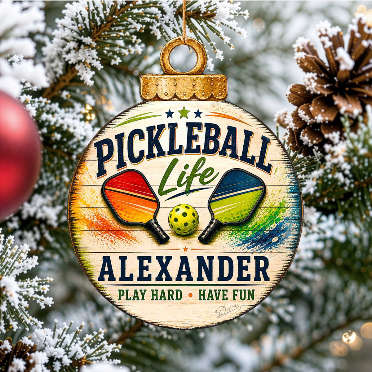 Personalized Pickleball Ornament – Custom Pickleball Christmas Ornament – Rustic Sports Tree Decor by G. Debrekht - 8652879