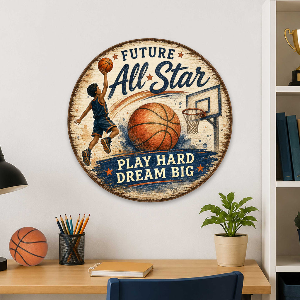 Future All-Star Basketball Wall Decor – Rustic Basketball Sports Sign – 19x19 Round Wall Art by G.Debrekht - 8652885H
