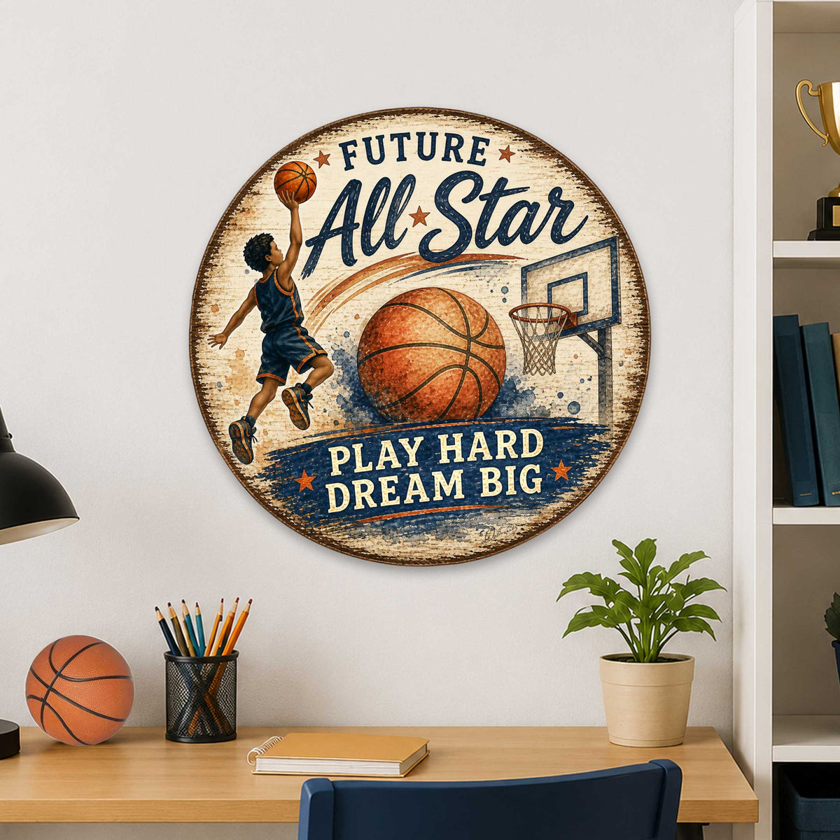 Future All-Star Basketball Wall Decor – Rustic Basketball Sports Sign – 19x19 Round Wall Art by G.Debrekht - 8652885H