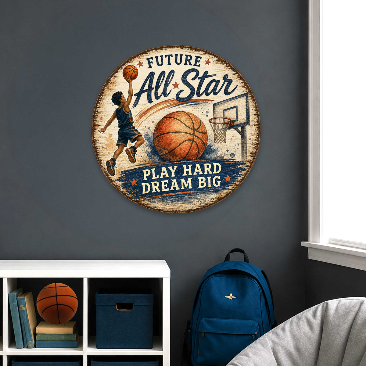 Future All-Star Basketball Wall Decor – Rustic Basketball Sports Sign – 19x19 Round Wall Art by G.Debrekht - 8652885H