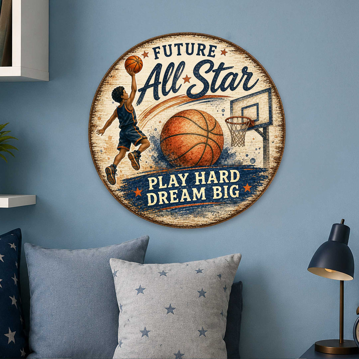 Future All-Star Basketball Wall Decor – Rustic Basketball Sports Sign – 19x19 Round Wall Art by G.Debrekht - 8652885H